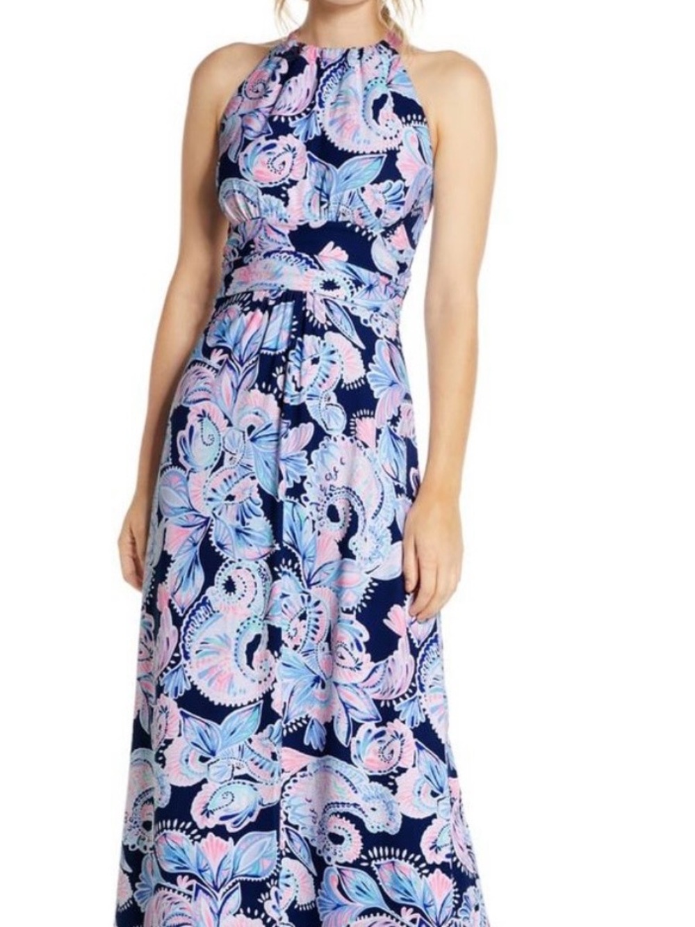 Halter Maxi with Blue & Pink Paisley Floral